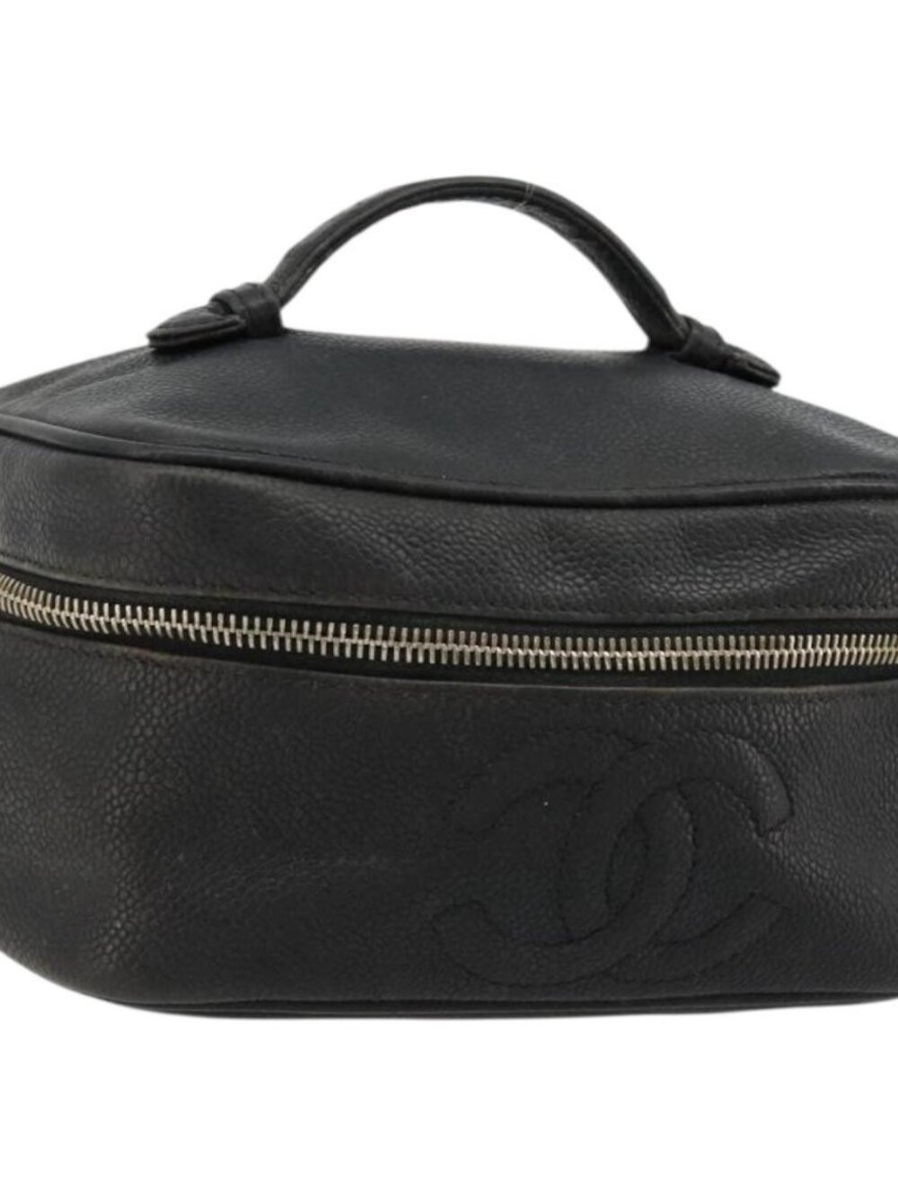 CHANEL Vanity Hand Bag Grained Calf Skin Black Gold CC Auth gh2069